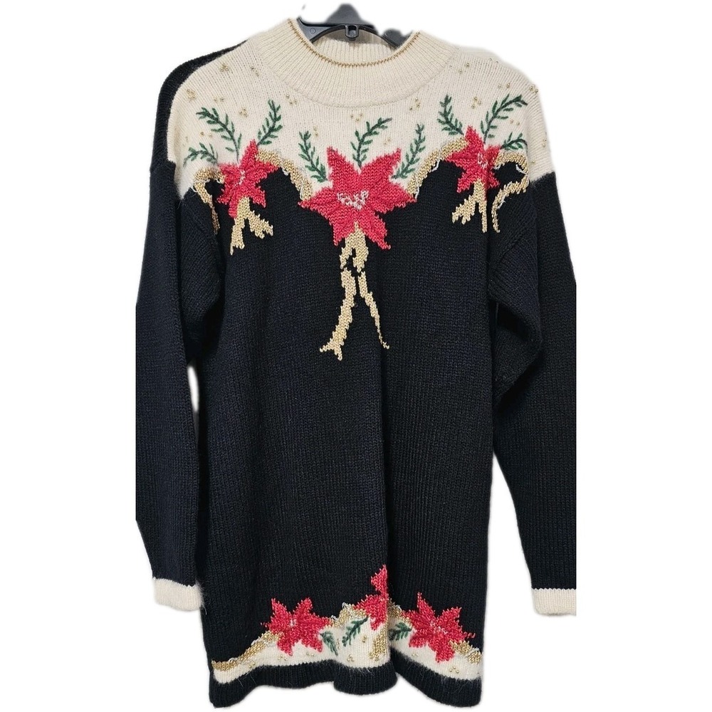 Vintage Christmas Sweater Black Red Gold Flowers Dana Scott Size L